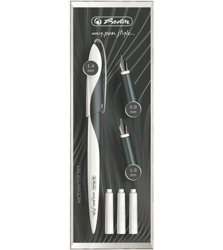Set calligrafico Herlitz Nicewrite con stilografica calligrafica con 3 pennini in diverse larghezze fusto Nero