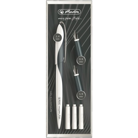 Set calligrafico Herlitz Nicewrite con stilografica calligrafica con 3 pennini in diverse larghezze fusto Nero