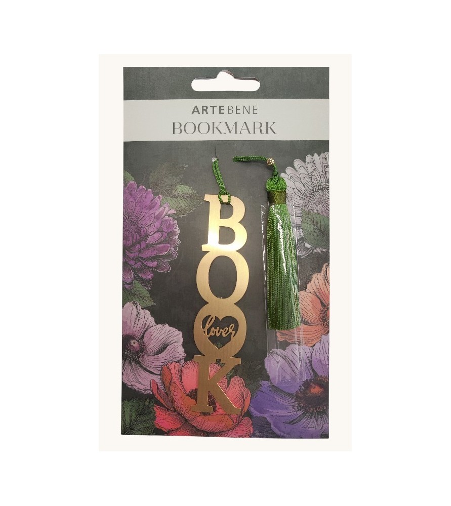 Segnalibri in metallo .  "Book Lover" con nappa verde bosco.  ARTE&BENE