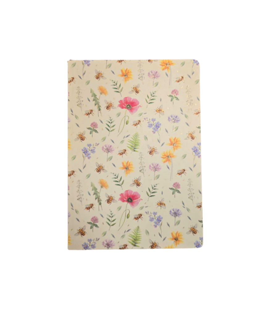 Quaderno 15x21 CM.192 Pagine a righe con labbratura in oro. Api e fiori