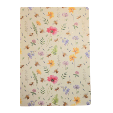 Quaderno 15x21 CM.192 Pagine a righe con labbratura in oro. Api e fiori