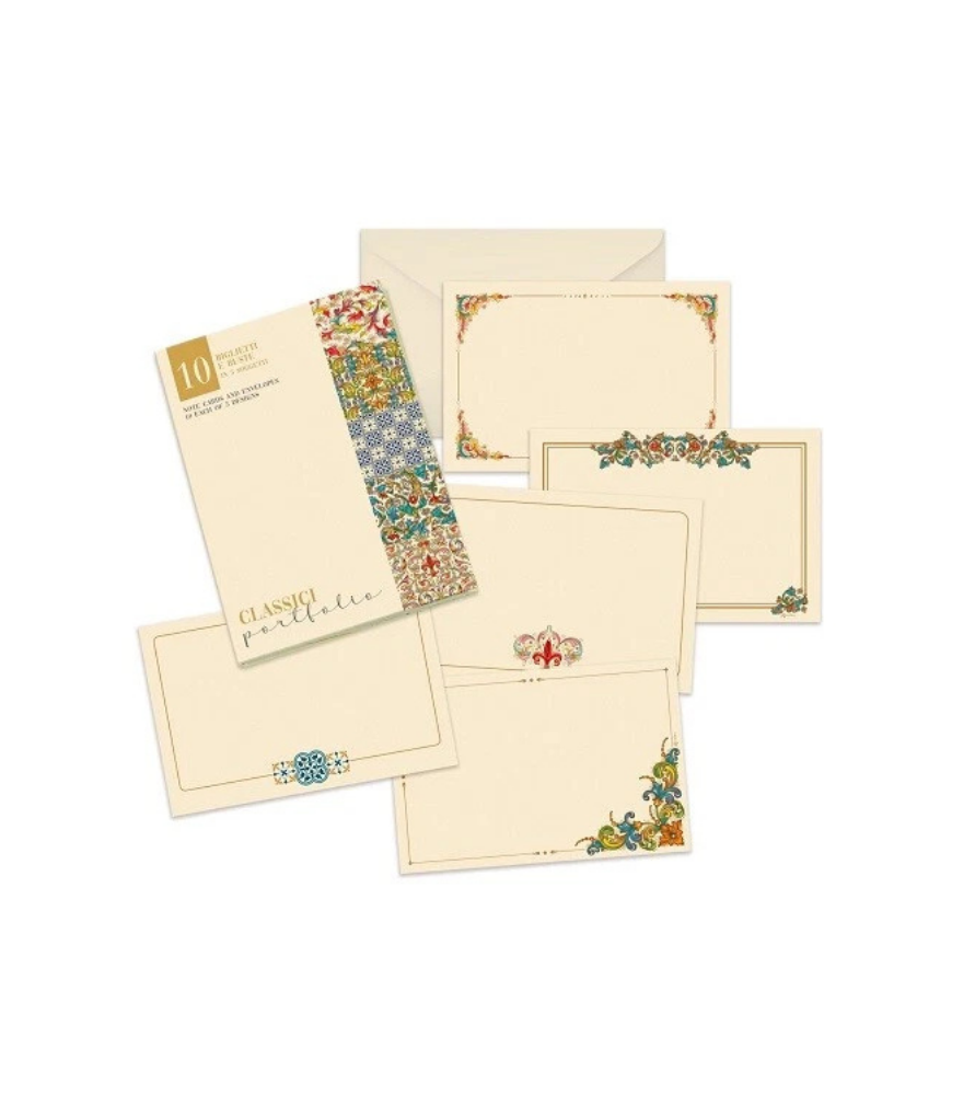 Blocchetto elegante  da 10 buste+biglietto in 5 soggetti. 17,5x12 cm.Classici
